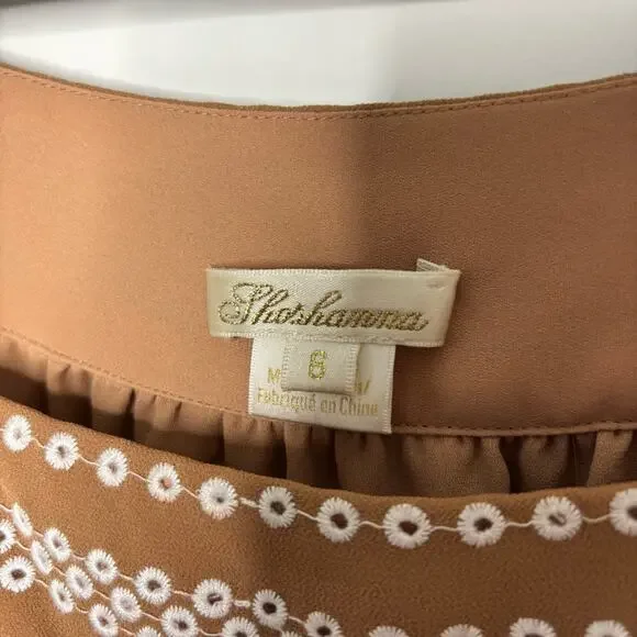 Shoshanna Torres tan and white long sleeve eyelet dress with tie waist women's 6 - Picture 6 of 9